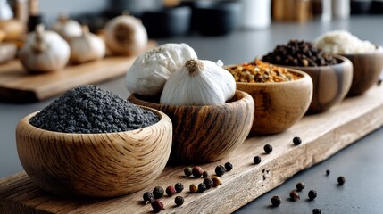 Closeup of spice and garlic bowls on wood surface for culinary food photography kitchen seasoning herbs ingredients cooking
