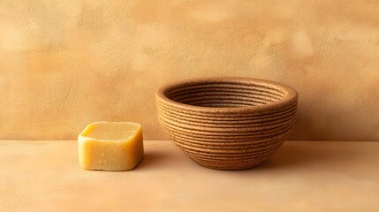 Handmade Ceramic Bowl and Soap Bar on Beige Background