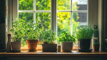 A bright and airy kitchen with fresh herbs and a window with garden view.