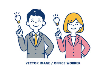 いいアイデアが思い付いた、ビジネスマンのシンプルなベクターイラスト素材＿男女セット