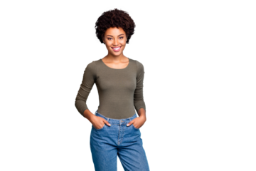 Portrait of lovely positive youth afro american girl have holidays listen to her friends on free time wear casual style clothes denim jeans isolated over blue color background