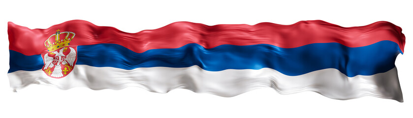 Stylized flag of Serbia waving in the wind on transparent background. Footer, header or divider. Cut out wide, panoramic element. Banner for patriotic themes or national event promotions. 3D.