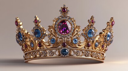 Elegant Golden Crown with Colorful Gems and Intricate Design