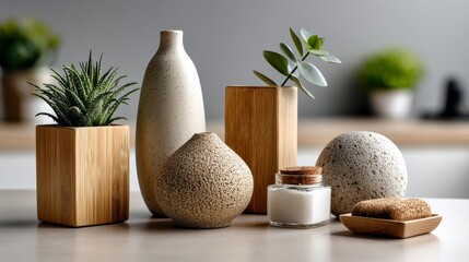 Natural stone and wooden decor with small plants for modern minimalist interior photography organic zen lifestyle styling