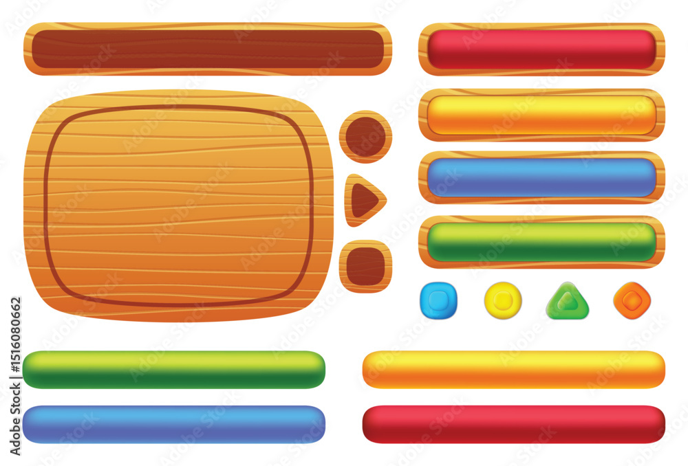 Poster wooden game buttons, menu interface made of wood textured boards with ropes and vines. ui or gui gra