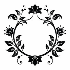 Floral frame with leaves and flowers in black and white