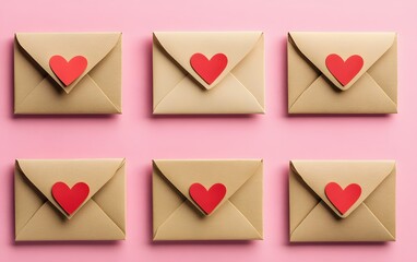 Six Brown Envelopes with Red Hearts Valentine's Day Love Letters