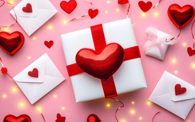 Romantic Valentine's Day Gift Box with Red Hearts and Letters