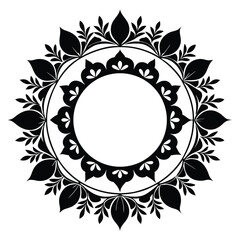 Floral mandala design with circular frame in black and white