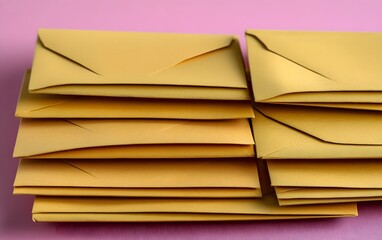 Stack of Golden Envelopes on Pink Background Mail Correspondence Post