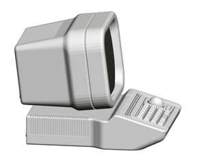 A computer monitor and keyboard are shown in a white background. The monitor is on the left side of the keyboard