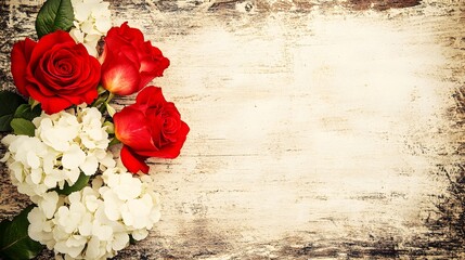 Romantic Red Roses and White Hydrangeas on Rustic Wood