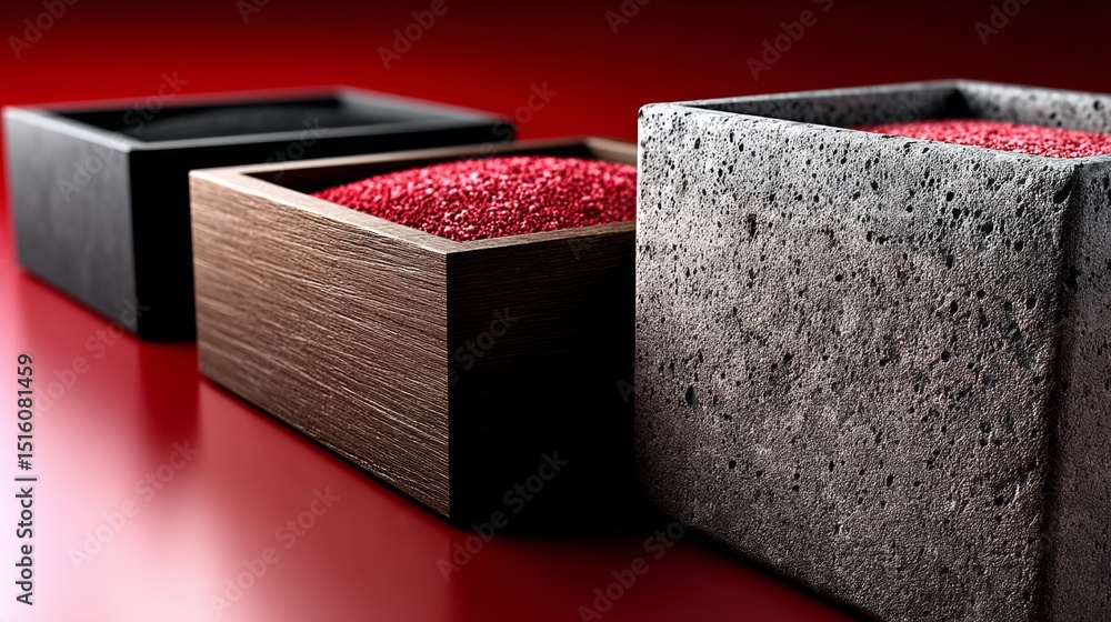 Poster closeup of textured red and gray cubes on glossy surface for architectural product design minimal di