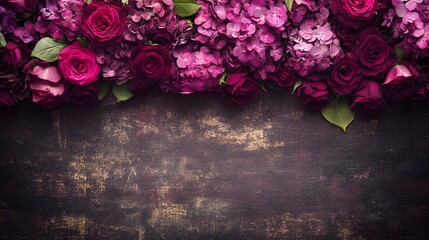 Dark Purple Roses and Hydrangeas Floral Border