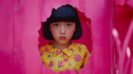 Girl Peeking Through Torn Pink Wall Child Portrait Photography