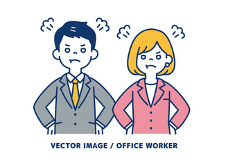 ぷんぷん怒る、ビジネスマンのシンプルなベクターイラスト素材＿男女セット