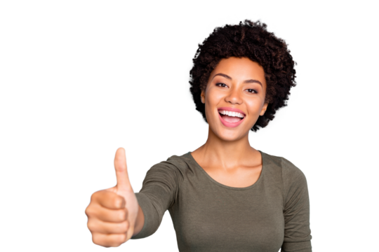 Photo of funny hilarious charming nice black youngster showing you thumb up laughing estimating quality of your joke isolated over blue vivid color background