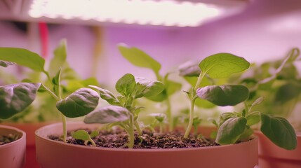 Young Seedlings Growing Under Pink Grow Lights