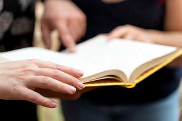 Writers sharing ideas and discussing about literature book