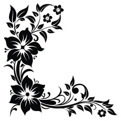 Black floral corner design with leaves and small flowers