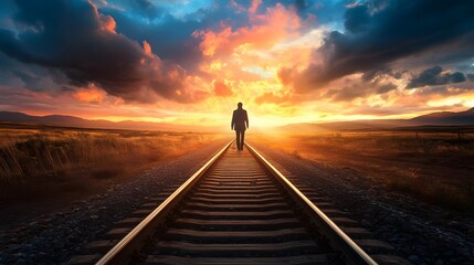A solitary figure walking down railroad tracks at dusk