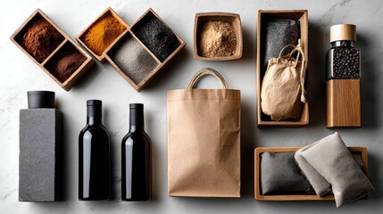 Collection of natural lifestyle products in paper bags bottles and pouches flat lay layout composition photo