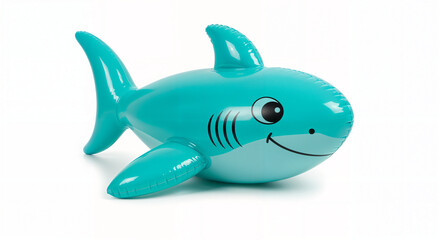 3d blue plastic toy shark on white background, generative ai.