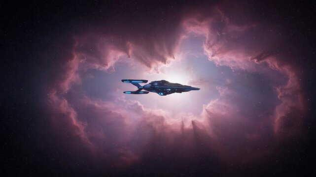 Spaceship soaring through nebula cosmic clouds. Futuristic spaceship design navigation interstellar space. Spaceship artwork for science fiction movie posters game design.