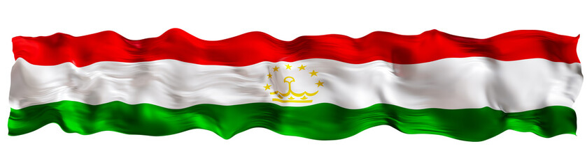 Stylized flag of Tajikistan waving in the wind on transparent background. Footer, header or divider. Cut out wide, panoramic element. Banner for patriotic themes or national event promotions. 3D.
