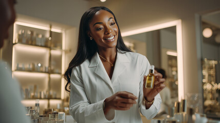 Consultant providing skincare advice in a cosmetics store during daylight hours