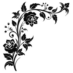 Black floral corner design with roses and leafy branches