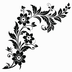 Floral design with black flowers and leaves on white background
