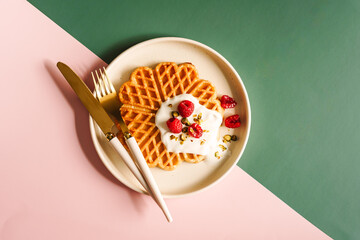 Knusprige Waffeln mit Joghurt und Himbeeren auf einem rosa und jadegrünen Hintergrund. Draufsicht, süsses Frühstück. 