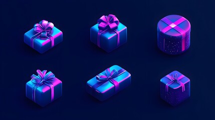 Neon Gift Boxes Collection 3D Render Isometric View