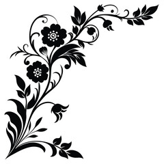 Black floral ornament with leaves on a white background