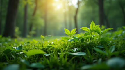 Obraz premium Lush green grass thrives in the sun-drenched forest, a vibrant scene of nature's summer growth