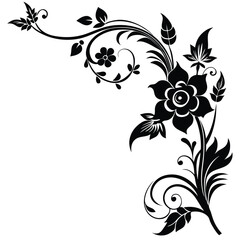 Black floral design with swirls and leaves illustration