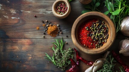 Wooden table with bowls of colorful spices, herbs and peppercorns flat lay for culinary inspiration concept