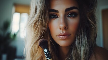 Stunning Woman Applying Makeup with Brush, Beauty Portrait