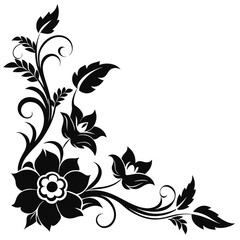 Black floral corner design with leaves and flower blossoms