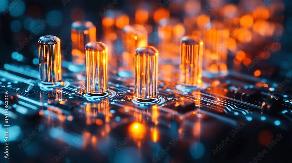 Poster illuminated circuit board closeup with glowing light points