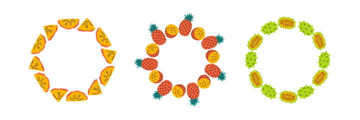 Fruit frame set. Different fruits design template, copy space. Cute hand drawn fruits round frame in doodle style. Circular template. Hand drawn fruits circle border.