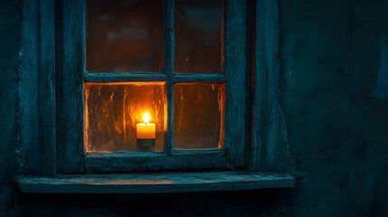 A window with a single candle glowing inside