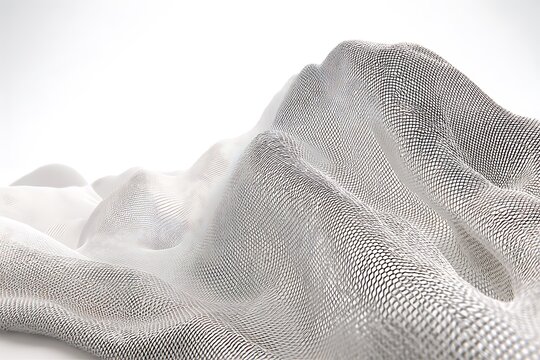 a close-up shot of a metal mesh with visible textures, dents, and imperfections, illuminated with soft, diffused light, isolated in a