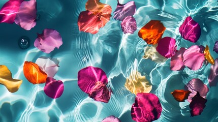 Underwater floating flowers and petals in dreamy turquoise background for romantic beauty concept photography layout theme