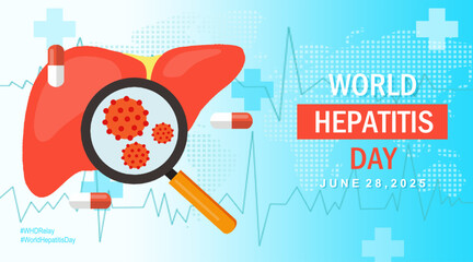World Hepatitis Day on July 28th 2025 global awareness banner, background, template, flyer, poster, education. Liver virus illustration with medical themed background. 