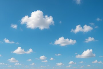 Fototapeta premium Blue sky with fluffy cumulus clouds on a sunny day. Blue sky background. White fluffy clouds in a vibrant blue sky. Peaceful clear sky. Summer backdrop. Cloudy sky background. Open air. Sky view