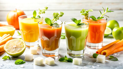 Fototapeta premium Fresh Morning Juices with Fruits and Mint on White