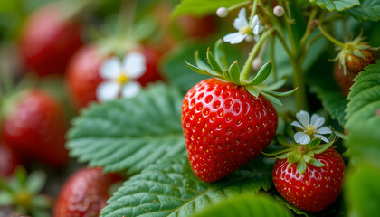 Fresh Strawberries on Plant in Garden