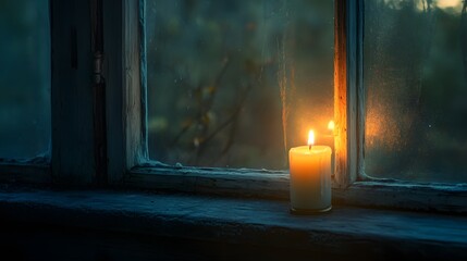 A window with a single candle glowing inside